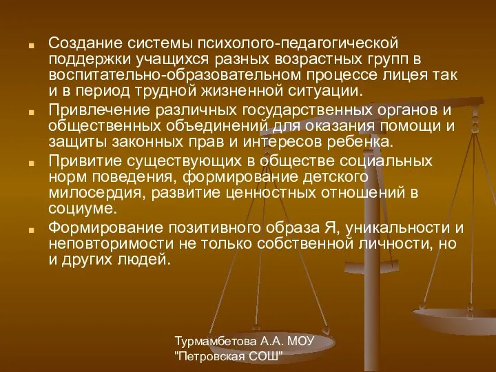 Турмамбетова А.А. МОУ "Петровская СОШ" Создание системы психолого-педагогической поддержки учащихся разных