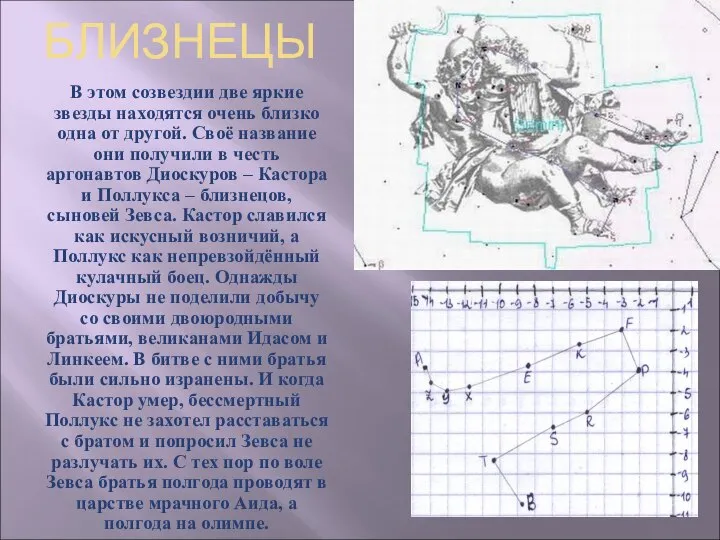 БЛИЗНЕЦЫ В этом созвездии две яркие звезды находятся очень близко одна