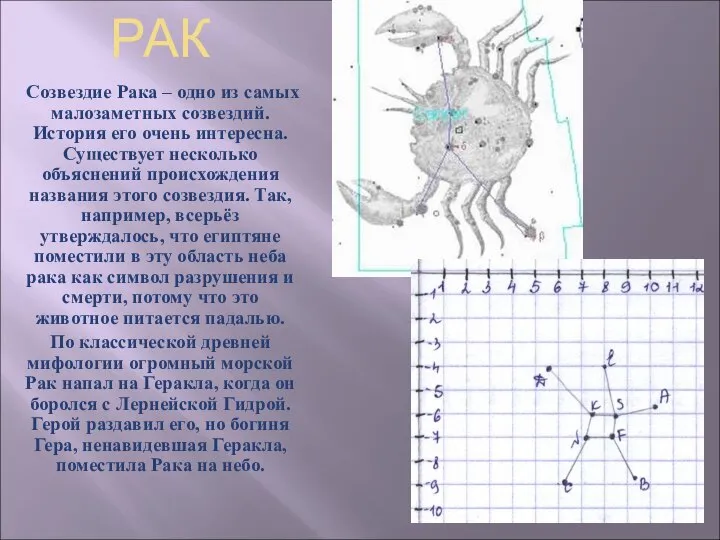 РАК Созвездие Рака – одно из самых малозаметных созвездий. История его