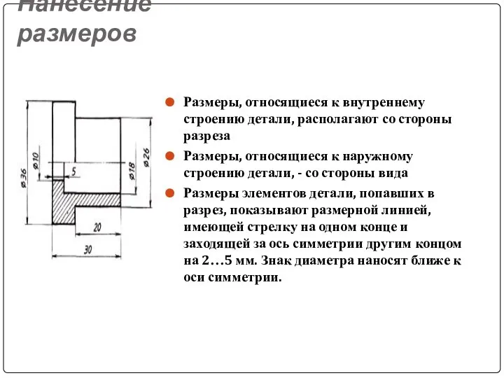 Нанесение размеров Размеры, относящиеся к внутреннему строению детали, располагают со стороны