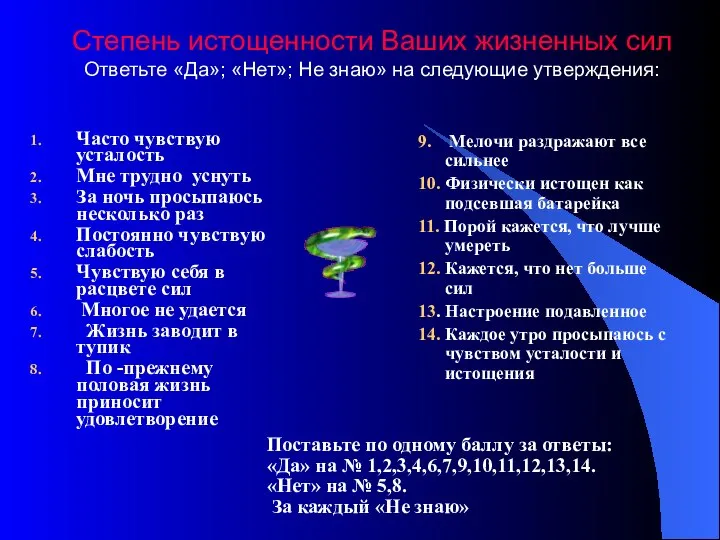 Степень истощенности Ваших жизненных сил Ответьте «Да»; «Нет»; Не знаю» на