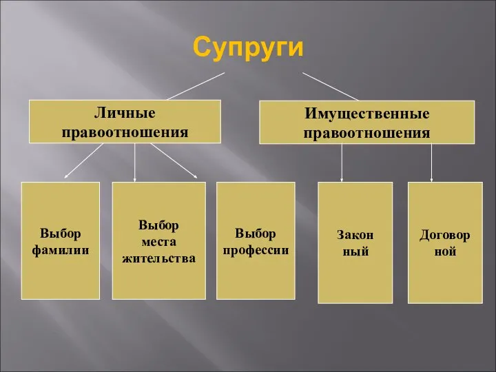 Супруги Личные правоотношения Имущественные правоотношения Выбор фамилии Выбор места жительства Выбор профессии Закон ный Договор ной