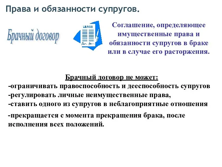 Права и обязанности супругов. Брачный договор Соглашение, определяющее имущественные права и