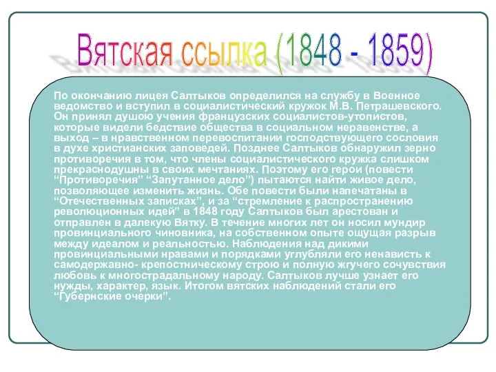 Вятская ссылка (1848 - 1859) По окончанию лицея Салтыков определился на