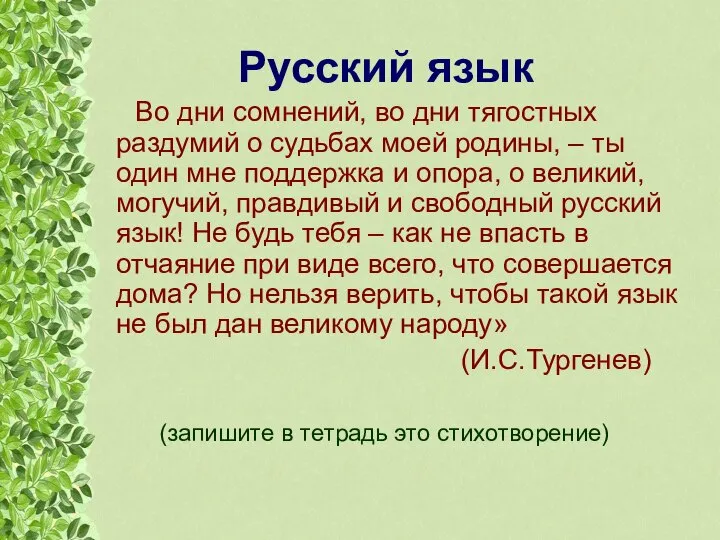 Русский язык Во дни сомнений, во дни тягостных раздумий о судьбах