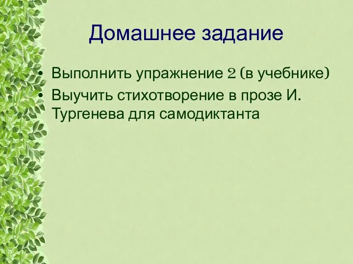 Домашнее задание Выполнить упражнение 2 (в учебнике) Выучить стихотворение в прозе И.Тургенева для самодиктанта