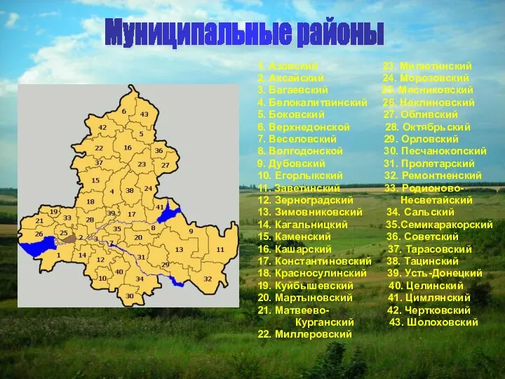 1. Азовский 23. Милютинский 2. Аксайский 24. Морозовский 3. Багаевский 25.