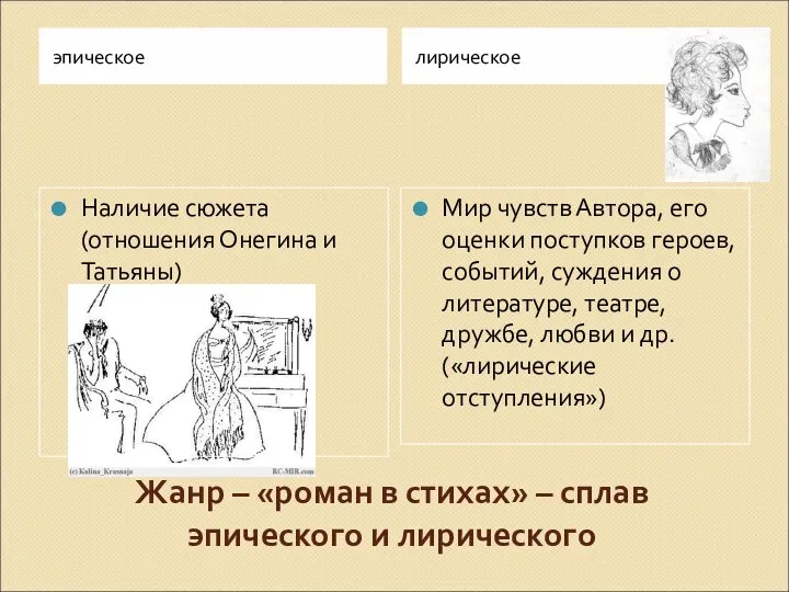 Жанр – «роман в стихах» – сплав эпического и лирического эпическое