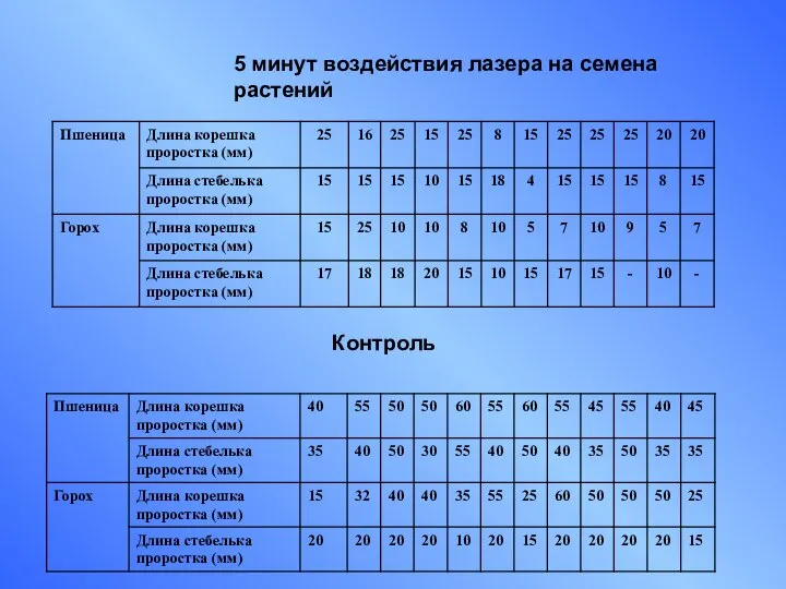 5 минут воздействия лазера на семена растений Контроль