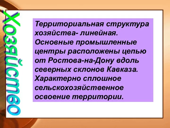 Хозяйство Территориальная структура хозяйства- линейная. Основные промышленные центры расположены цепью от