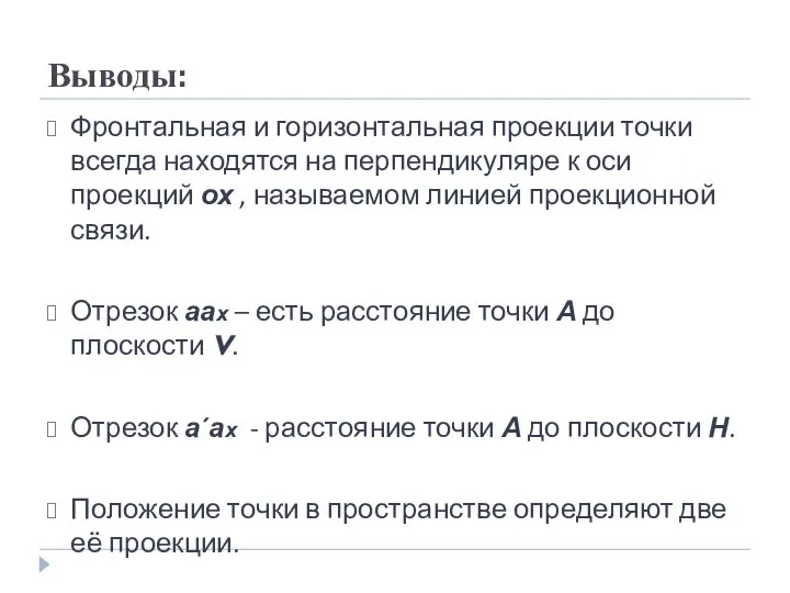 Выводы: Фронтальная и горизонтальная проекции точки всегда находятся на перпендикуляре к