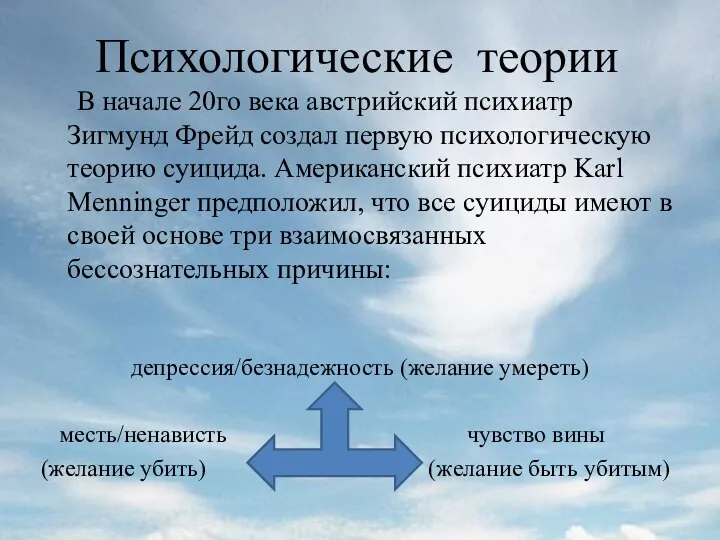 Психологические теории В начале 20го века австрийский психиатр Зигмунд Фрейд создал