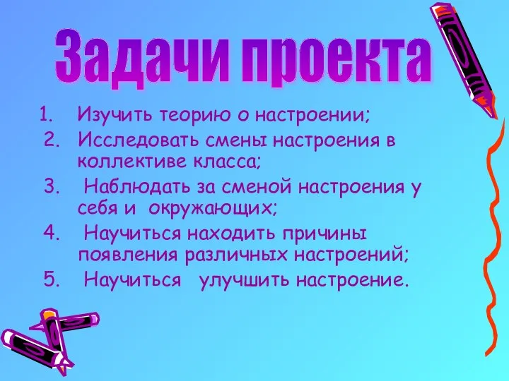 Изучить теорию о настроении; 2. Исследовать смены настроения в коллективе класса;