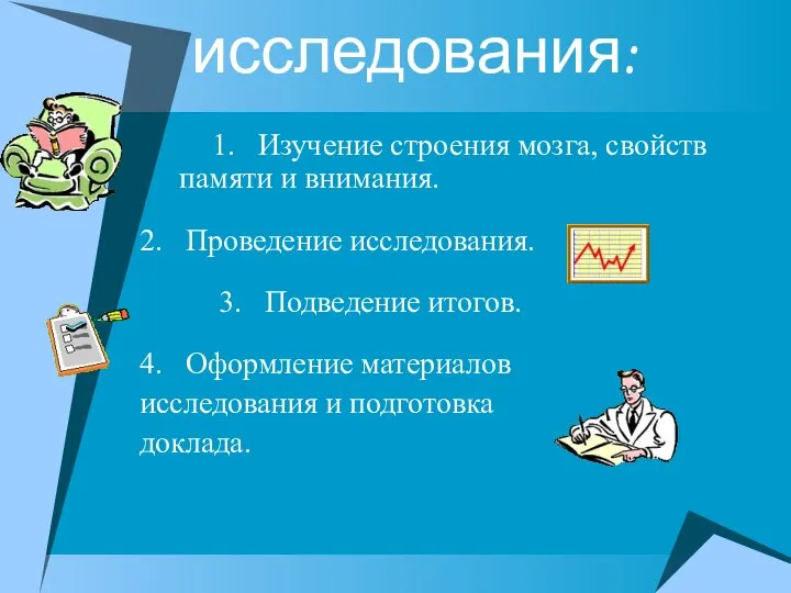 План исследования: 1. Изучение строения мозга, свойств памяти и внимания. 2.