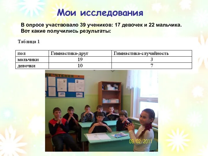 Мои исследования В опросе участвовало 39 учеников: 17 девочек и 22 мальчика. Вот какие получились результаты: