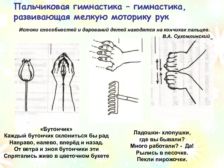 Пальчиковая гимнастика – гимнастика, развивающая мелкую моторику рук «Бутончик» Каждый бутончик