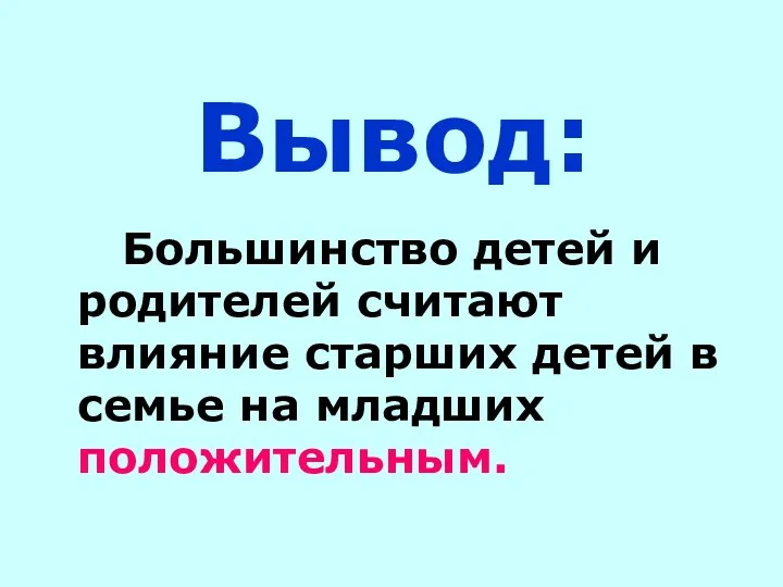 Вывод: Большинство детей и родителей считают влияние старших детей в семье на младших положительным.