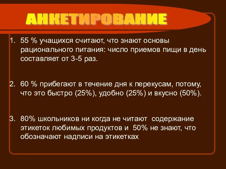 55 % учащихся считают, что знают основы рационального питания: число приемов