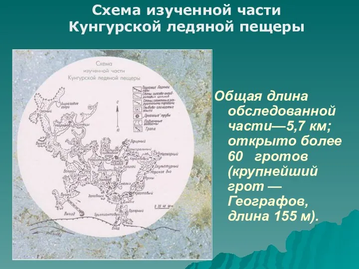 Общая длина обследованной части—5,7 км; открыто более 60 гротов (крупнейший грот