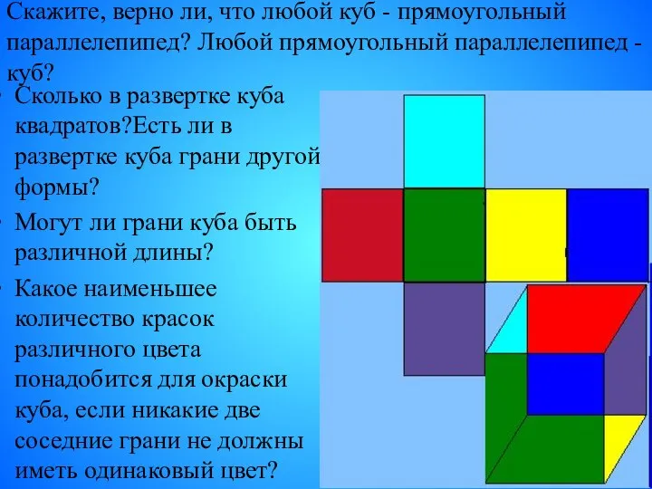 Скажите, верно ли, что любой куб - прямоугольный параллелепипед? Любой прямоугольный