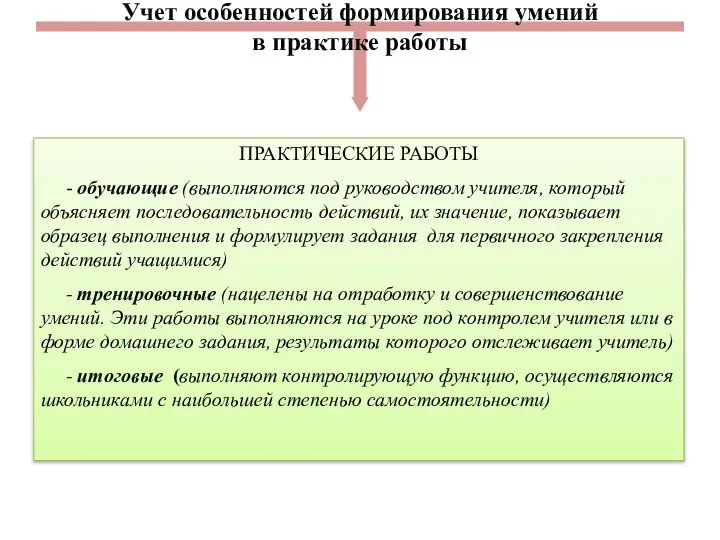 Учет особенностей формирования умений в практике работы ПРАКТИЧЕСКИЕ РАБОТЫ - обучающие