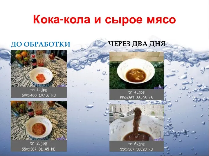 Кока-кола и сырое мясо До обработки Через два дня