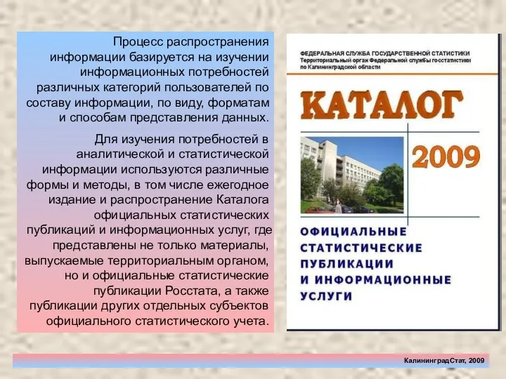 КалининградСтат, 2009 Процесс распространения информации базируется на изучении информационных потребностей различных