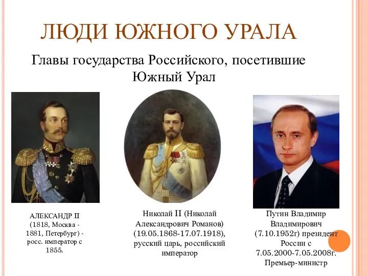 ЛЮДИ ЮЖНОГО УРАЛА Главы государства Российского, посетившие Южный Урал АЛЕКСАНДР II