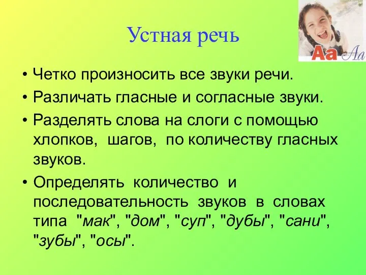 Устная речь Четко произносить все звуки речи. Различать гласные и согласные