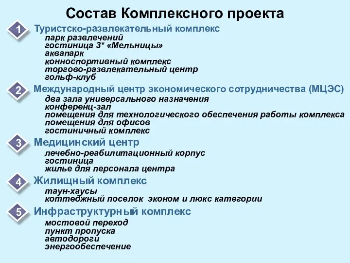 Состав Комплексного проекта 1 Туристско-развлекательный комплекс 2 Международный центр экономического сотрудничества