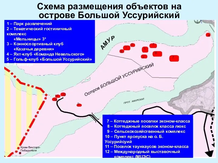 Схема размещения объектов на острове Большой Уссурийский 4 4 1 –