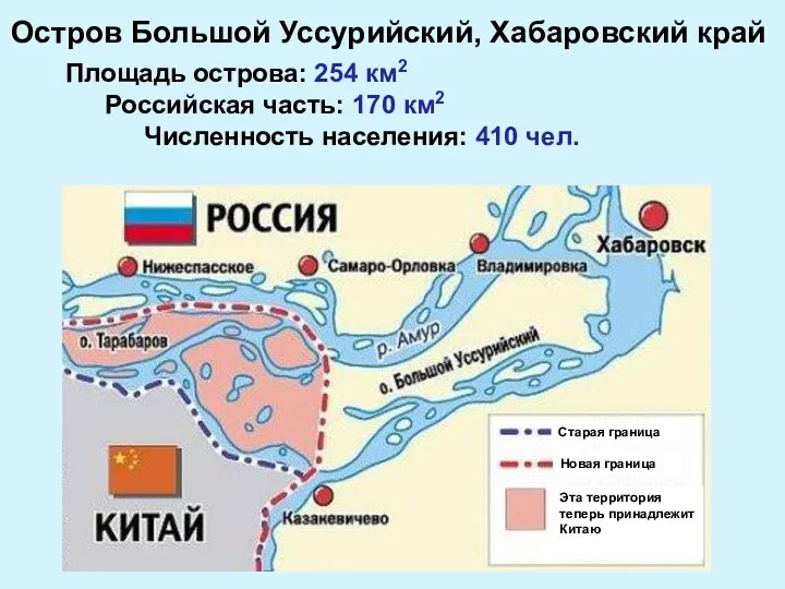 Площадь острова: 254 км2 Российская часть: 170 км2 Численность населения: 410