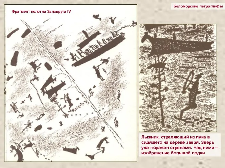 Беломорские петроглифы Лыжник, стреляющий из лука в сидящего на дереве зверя.
