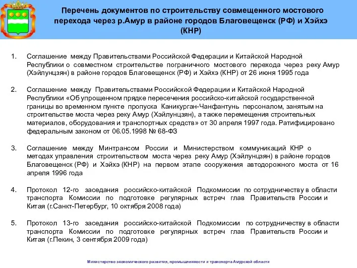 Министерство экономического развития, промышленности и транспорта Амурской области Перечень документов по