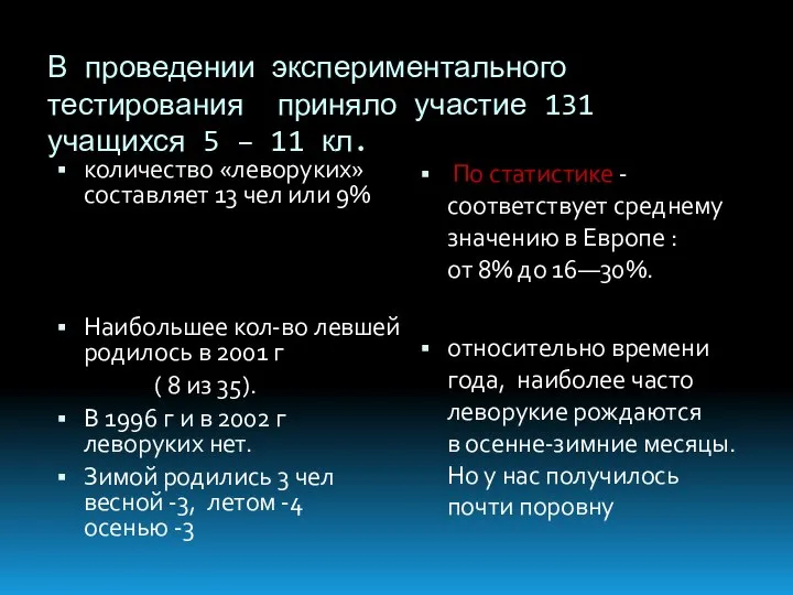 В проведении экспериментального тестирования приняло участие 131 учащихся 5 – 11