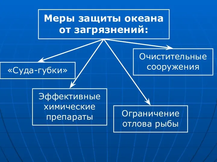 Меры защиты океана от загрязнений: «Суда-губки» Эффективные химические препараты Очистительные сооружения Ограничение отлова рыбы