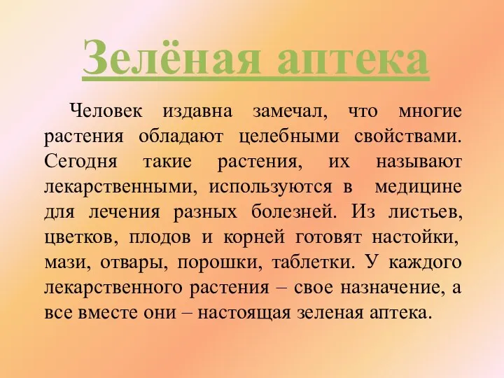 Зелёная аптека Человек издавна замечал, что многие растения обладают целебными свойствами.