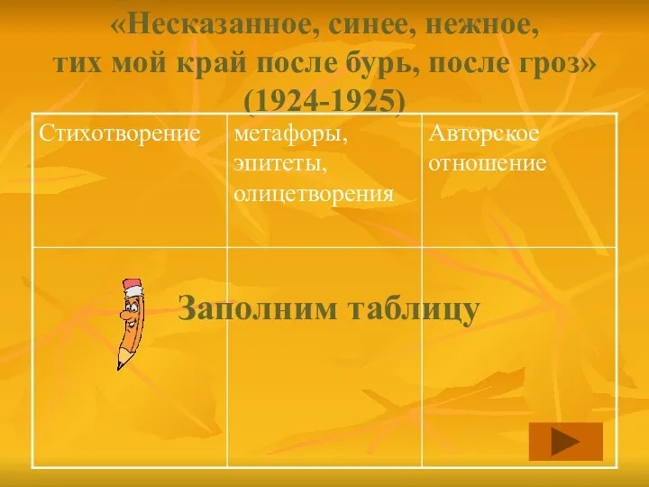 «Несказанное, синее, нежное, тих мой край после бурь, после гроз» (1924-1925) Заполним таблицу