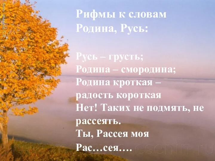 Рифмы к словам Родина, Русь: Русь – грусть; Родина – смородина;