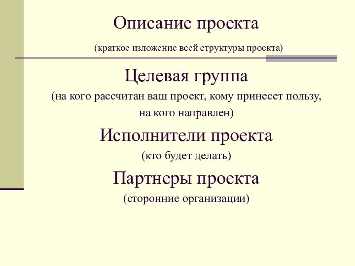 Описание проекта (краткое изложение всей структуры проекта) Целевая группа (на кого