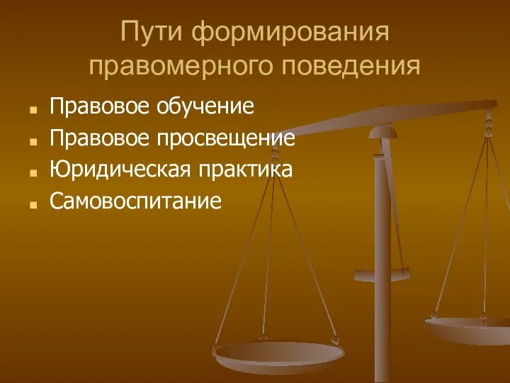 Пути формирования правомерного поведения Правовое обучение Правовое просвещение Юридическая практика Самовоспитание