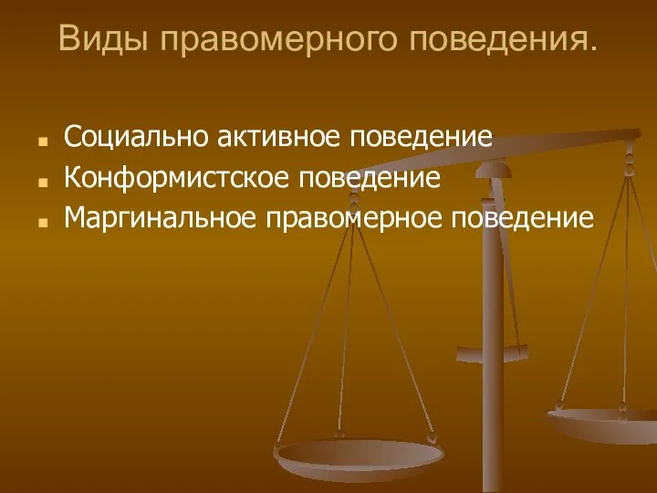 Виды правомерного поведения. Социально активное поведение Конформистское поведение Маргинальное правомерное поведение