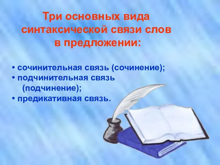 Три основных вида синтаксической связи слов в предложении: сочинительная связь (сочинение); подчинительная связь (подчинение); предикативная связь.