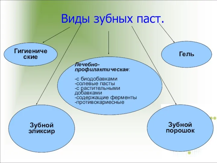 Виды зубных паст. Лечебно- профилактическая: -с биодобавками -солевые пасты -с растительными