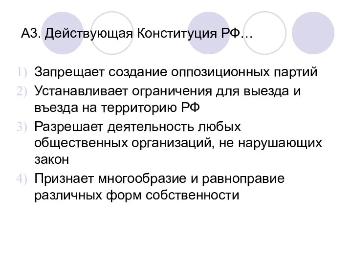 А3. Действующая Конституция РФ… Запрещает создание оппозиционных партий Устанавливает ограничения для