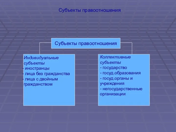 Субъекты правоотношения Субъекты правоотношения Индивидуальные субъекты иностранцы лица без гражданства лица