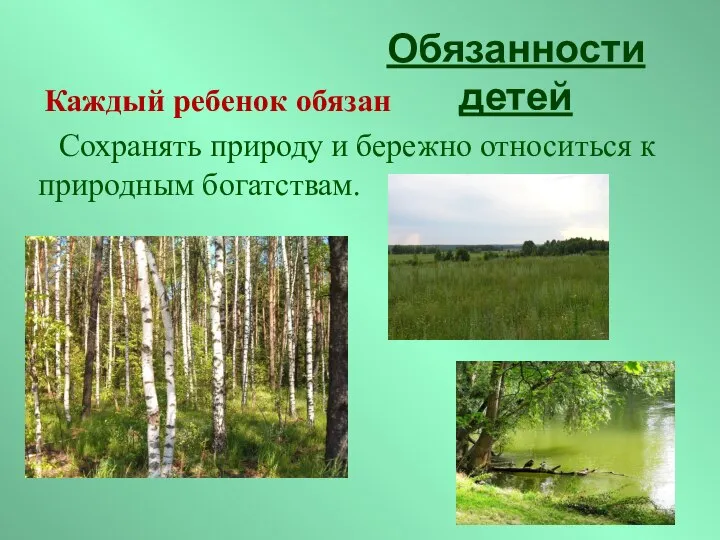 Сохранять природу и бережно относиться к природным богатствам. Обязанности детей Каждый ребенок обязан