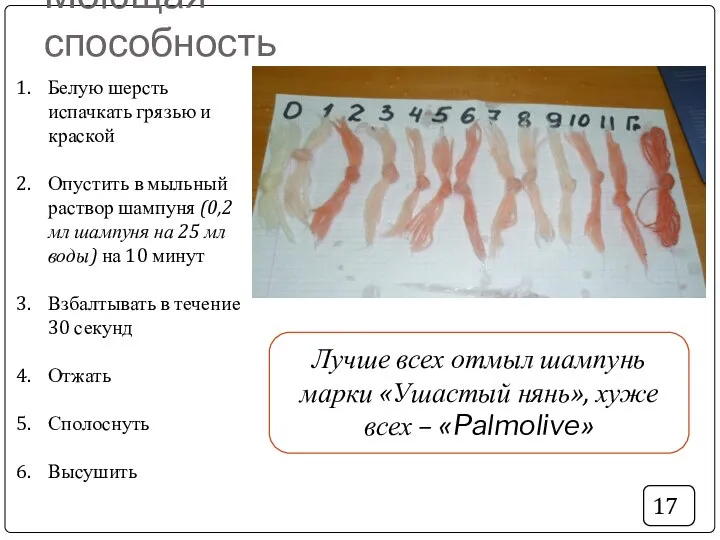 Моющая способность 17 Белую шерсть испачкать грязью и краской Опустить в