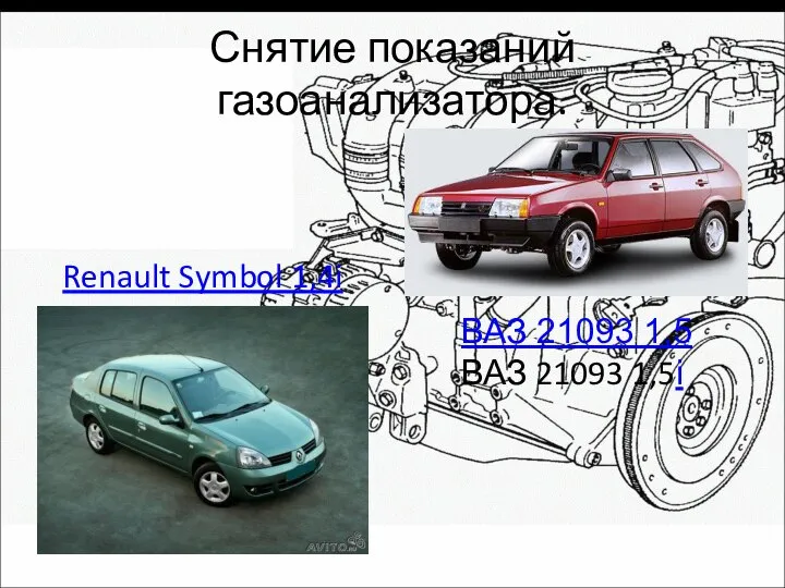 Снятие показаний газоанализатора. Renault Symbol 1,4i ВАЗ 21093 1,5ВАЗ 21093 1,5i