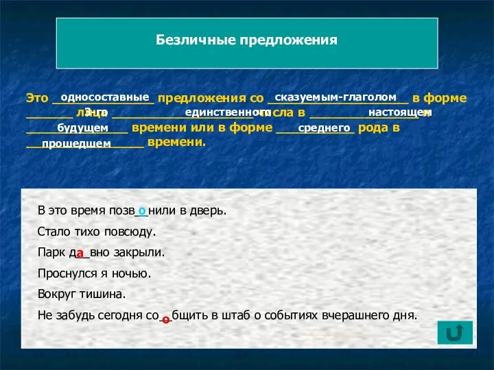 Безличные предложения Это _____________ предложения со __________________ в форме ______ лица